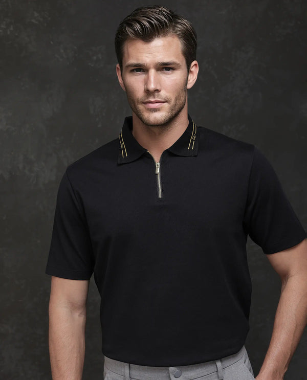 Rare Rabbit Men Zire-25 Black Cotton Fabric Short Sleeve Collared Neck Zipper Closure Plain Polo