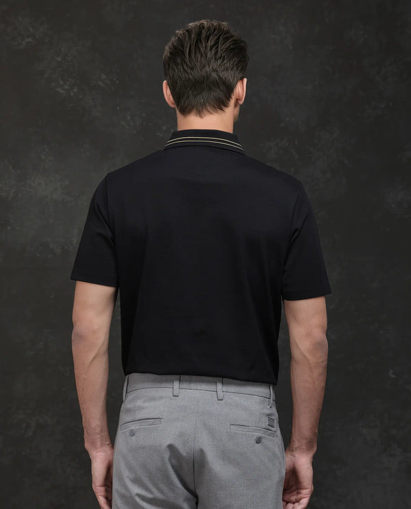 Rare Rabbit Men Zire-25 Black Cotton Fabric Short Sleeve Collared Neck Zipper Closure Plain Polo