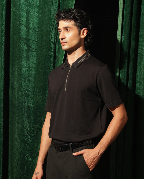 Rare Rabbit Men's Zire-1 Black Cotton Fabric Short Sleeve Collared Neck Zipper Closure Plain Polo