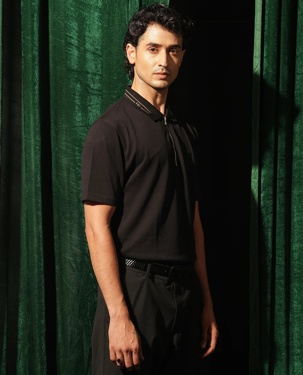 Rare Rabbit Men's Zire-1 Black Cotton Fabric Short Sleeve Collared Neck Zipper Closure Plain Polo