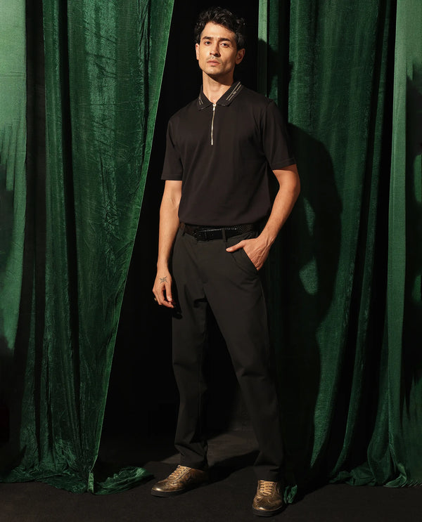 Rare Rabbit Men's Zire-1 Black Cotton Fabric Short Sleeve Collared Neck Zipper Closure Plain Polo
