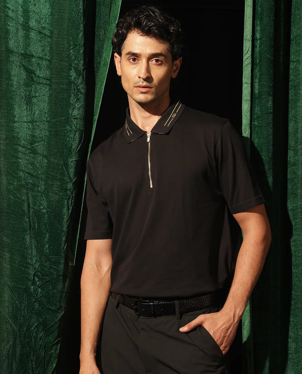 Rare Rabbit Men's Zire-1 Black Cotton Fabric Short Sleeve Collared Neck Zipper Closure Plain Polo