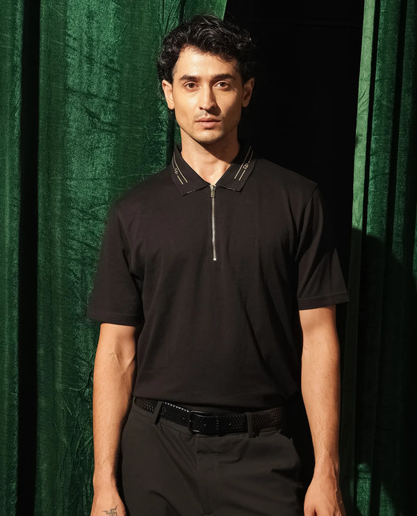 Rare Rabbit Men's Zire-1 Black Cotton Fabric Short Sleeve Collared Neck Zipper Closure Plain Polo