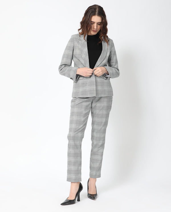 Rareism Women Zivaa Black Polyester Fabric Full Sleeves Button Closure Lapel Neck Tailored Fit Checked Blazer