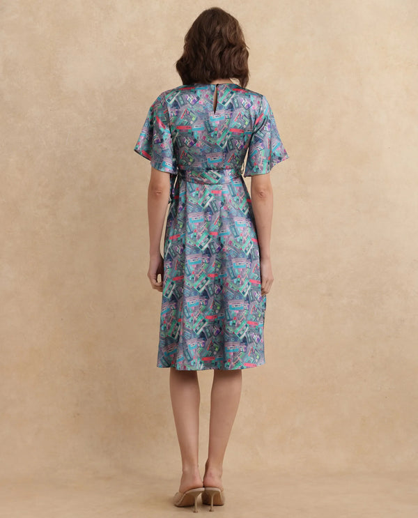 Rareism Women's Zived Multi Satin Fabric Round Neck Tie-Up Closure Ruffled Sleeve Object Print Fit And Flare Midi Dress