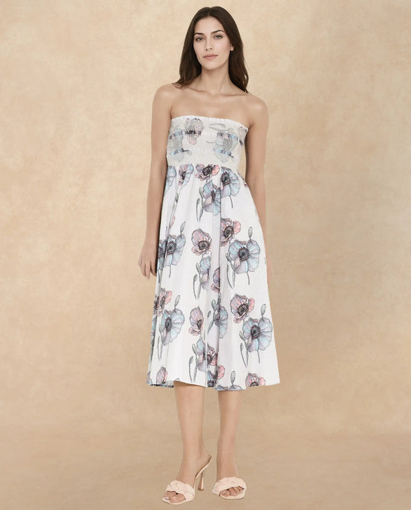 Rareism Women's Zobian Multi Cotton Fabric Tube Neck   Floral Print Fit And Flare Midi Dress