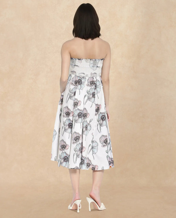 Rareism Women's Zobian Multi Cotton Fabric Tube Neck   Floral Print Fit And Flare Midi Dress