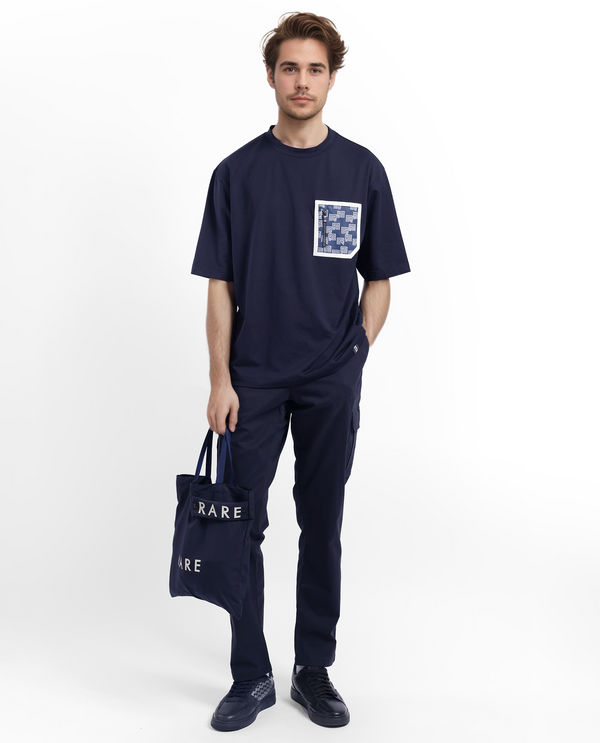 Rare Rabbit Men Zobo Navy Cotton Blend Fabric Short Sleeve Crew Neck Oversized Fit Monogram Print Pocket T-Shirt
