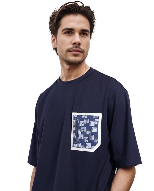 Rare Rabbit Men Zobo Navy Short Sleeve Crew Neck Qlo Fit Monogram Print T-Shirt