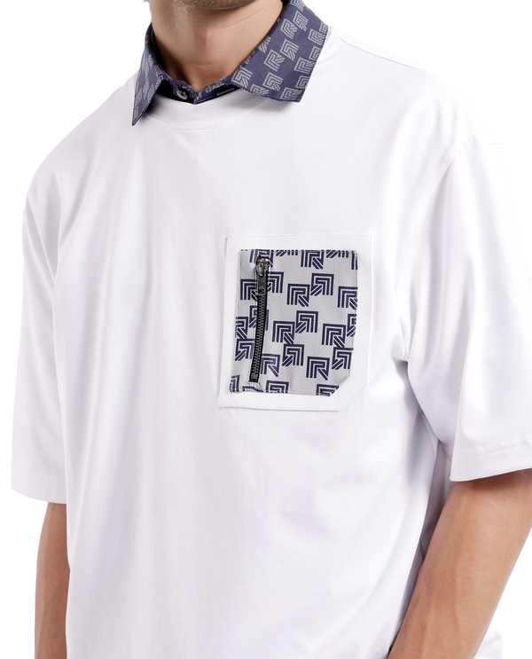 Rare Rabbit Men Zobo White Cotton Blend Fabric Short Sleeve Crew Neck Oversized Fit Monogram Print Pocket T-Shirt