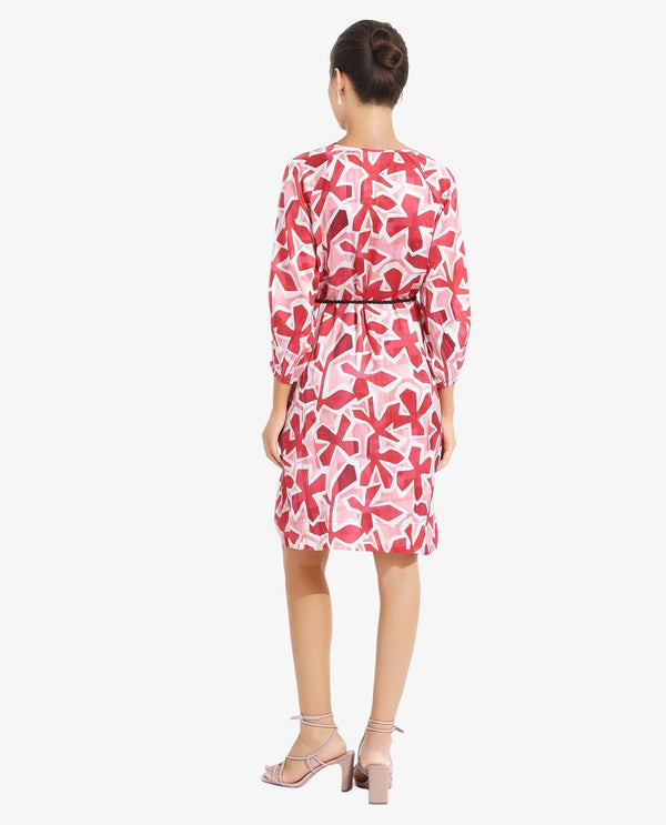Rareism Women's Zoji Multi  Tie-Up Neck Tie-Up Closure Raglan Sleeve Abstract Relaxed Fit Mini Dress
