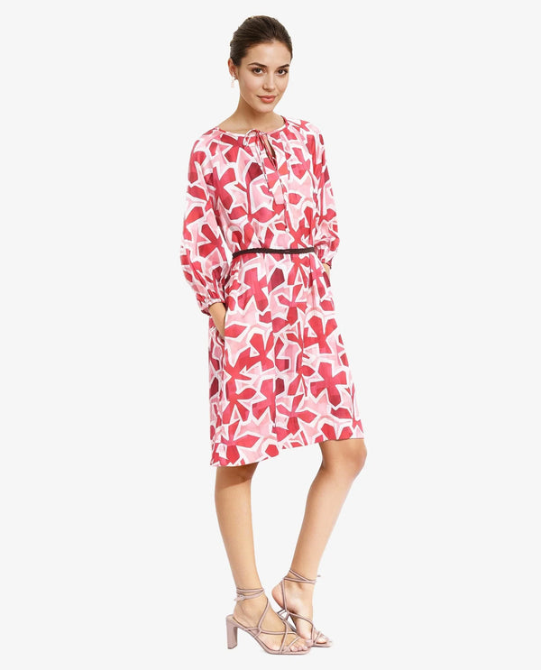Rareism Women's Zoji Multi  Tie-Up Neck Tie-Up Closure Raglan Sleeve Abstract Relaxed Fit Mini Dress