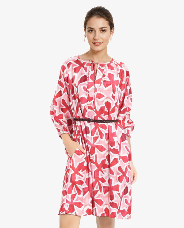 Rareism Women's Zoji Multi  Tie-Up Neck Tie-Up Closure Raglan Sleeve Abstract Relaxed Fit Mini Dress