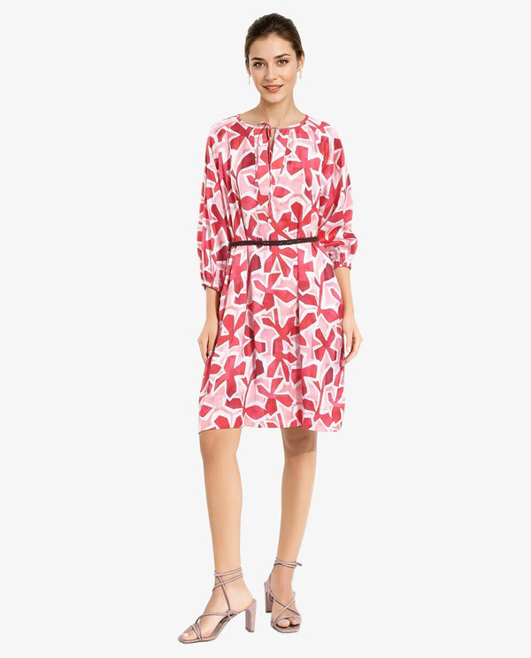 Rareism Women's Zoji Multi  Tie-Up Neck Tie-Up Closure Raglan Sleeve Abstract Relaxed Fit Mini Dress