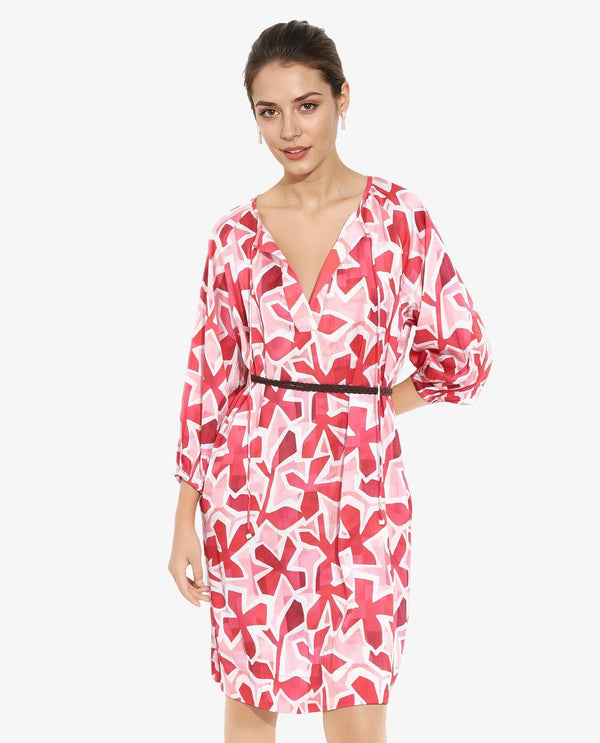Rareism Women's Zoji Multi  Tie-Up Neck Tie-Up Closure Raglan Sleeve Abstract Relaxed Fit Mini Dress