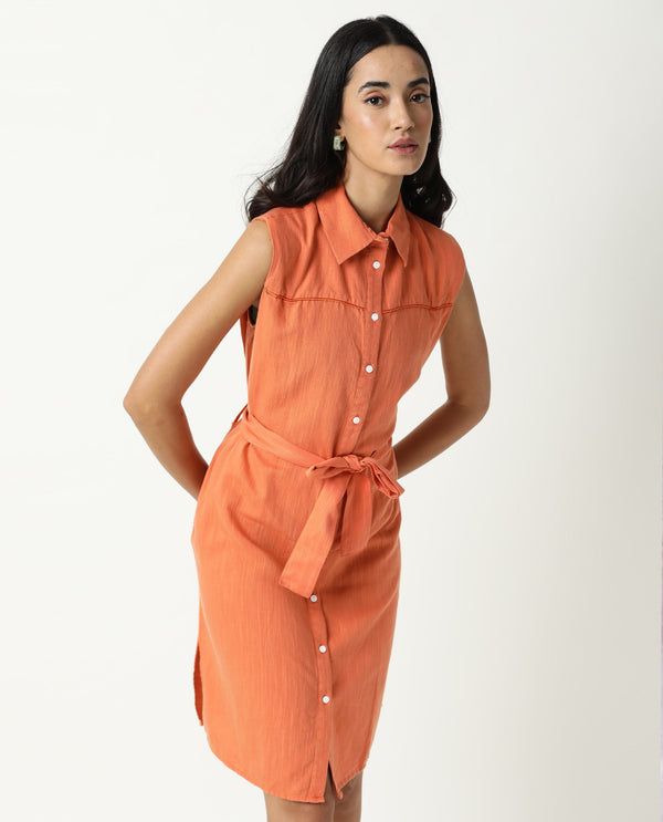 Rareism Women Zolaa Orange Shirt Collar Front Packet With Buttons Fabric Waist Belt And Side Slit Knee Length Dress