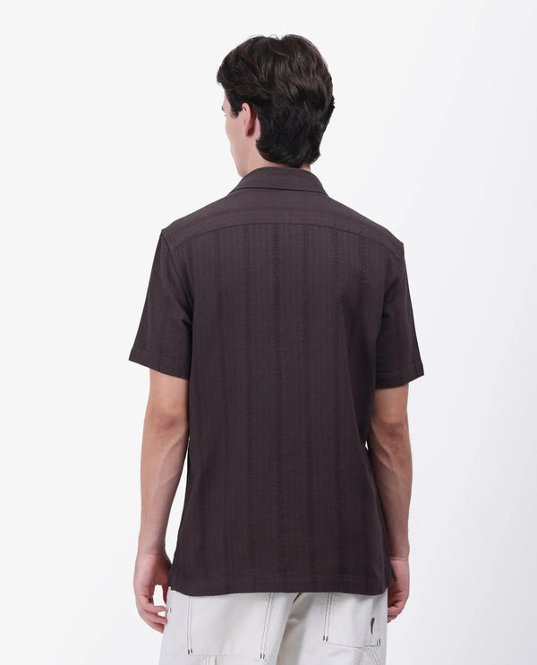 Rare Rabbit Men's Zolt Brown Cotton Fabric Short Sleeve Collared Neck Button Closure Striped Shirt