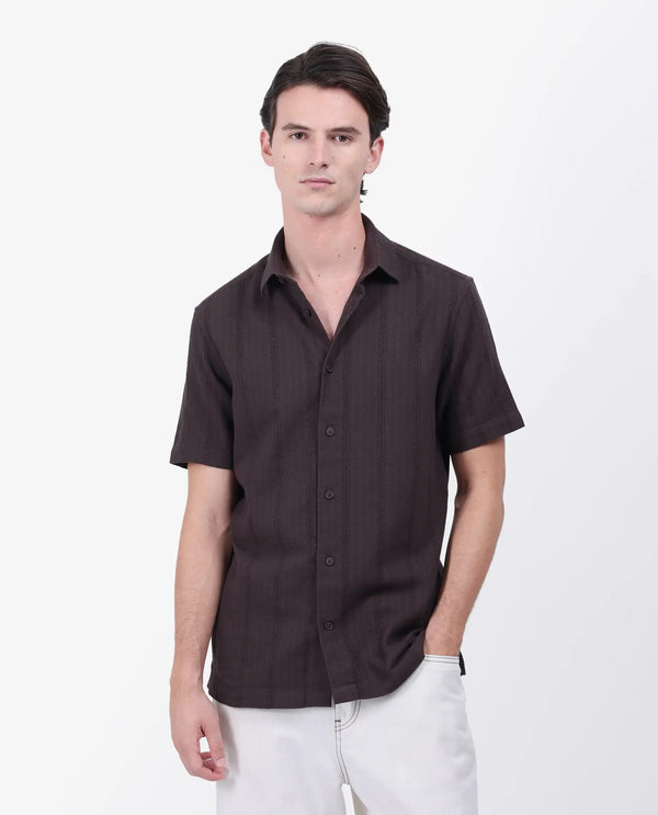 Rare Rabbit Men's Zolt Brown Cotton Fabric Short Sleeve Collared Neck Button Closure Striped Shirt