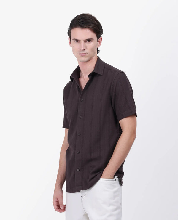 Rare Rabbit Men's Zolt Brown Cotton Fabric Short Sleeve Collared Neck Button Closure Striped Shirt
