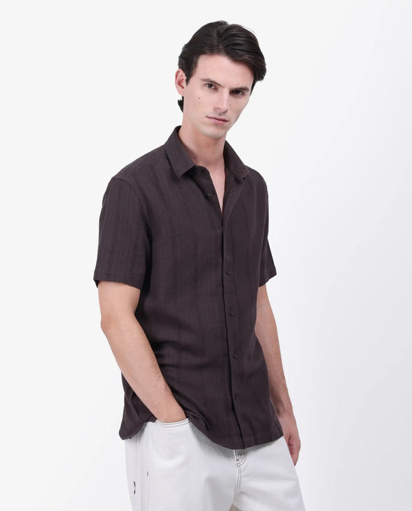 Rare Rabbit Men's Zolt Brown Cotton Fabric Short Sleeve Collared Neck Button Closure Striped Shirt