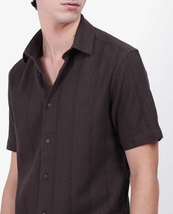 Rare Rabbit Men's Zolt Brown Cotton Fabric Short Sleeve Collared Neck Button Closure Striped Shirt