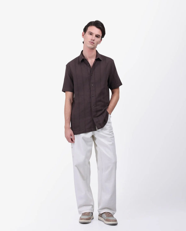 Rare Rabbit Men's Zolt Brown Cotton Fabric Short Sleeve Collared Neck Button Closure Striped Shirt