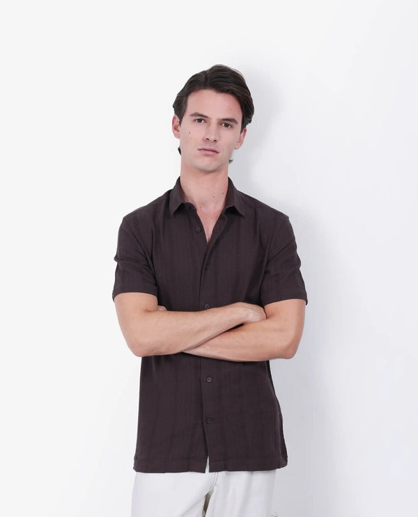 Rare Rabbit Men's Zolt Brown Cotton Fabric Short Sleeve Collared Neck Button Closure Striped Shirt