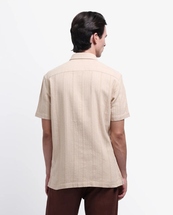 Rare Rabbit Men's Zolt Khaki Cotton Fabric Short Sleeve Collared Neck Button Closure Striped Shirt