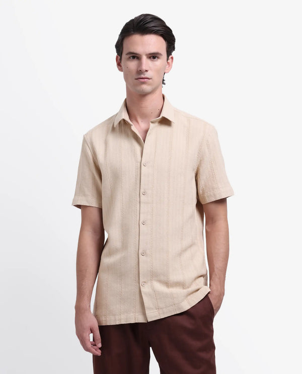 Rare Rabbit Men's Zolt Khaki Cotton Fabric Short Sleeve Collared Neck Button Closure Striped Shirt