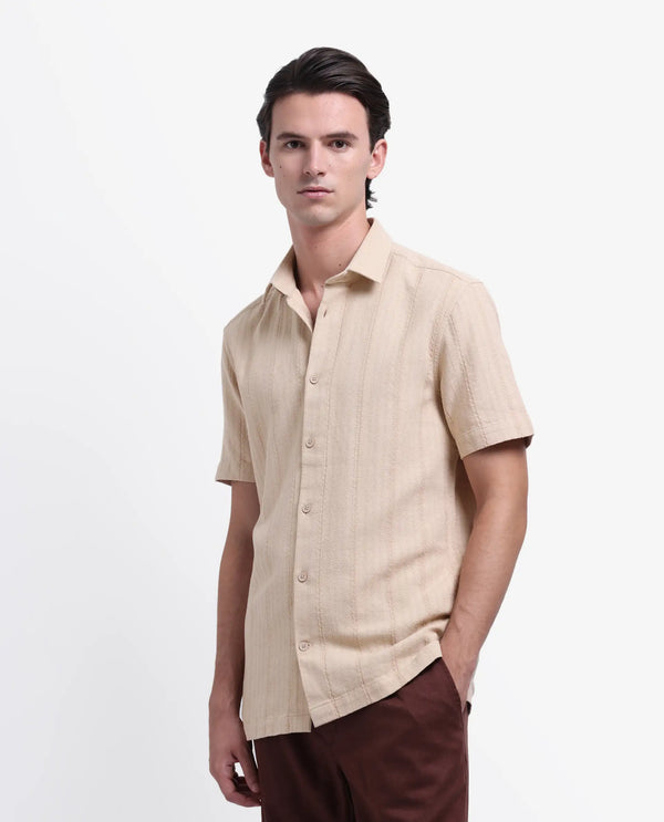Rare Rabbit Men's Zolt Khaki Cotton Fabric Short Sleeve Collared Neck Button Closure Striped Shirt