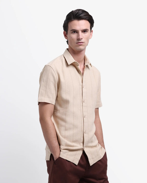 Rare Rabbit Men's Zolt Khaki Cotton Fabric Short Sleeve Collared Neck Button Closure Striped Shirt