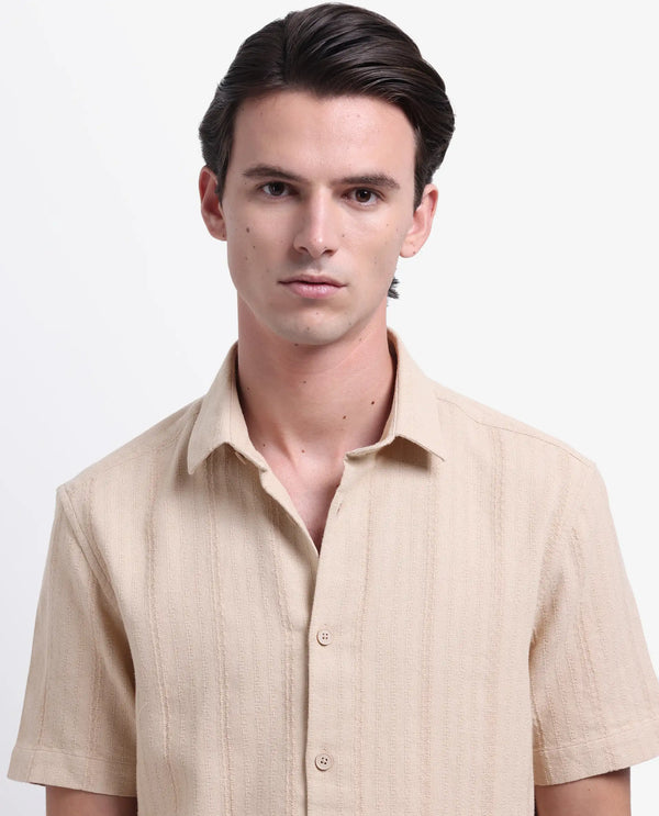 Rare Rabbit Men's Zolt Khaki Cotton Fabric Short Sleeve Collared Neck Button Closure Striped Shirt