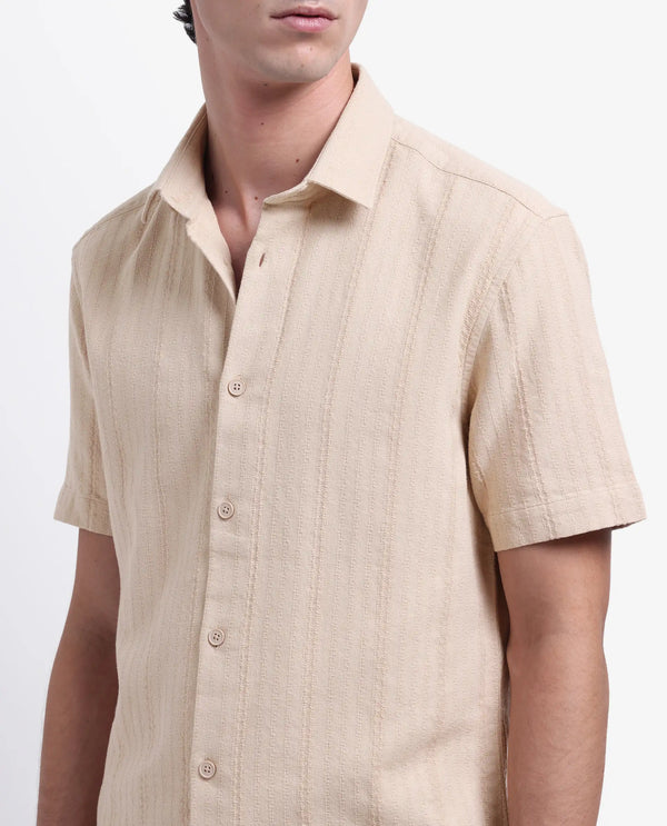 Rare Rabbit Men's Zolt Khaki Cotton Fabric Short Sleeve Collared Neck Button Closure Striped Shirt