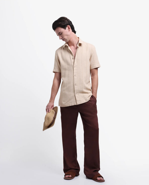Rare Rabbit Men's Zolt Khaki Cotton Fabric Short Sleeve Collared Neck Button Closure Striped Shirt