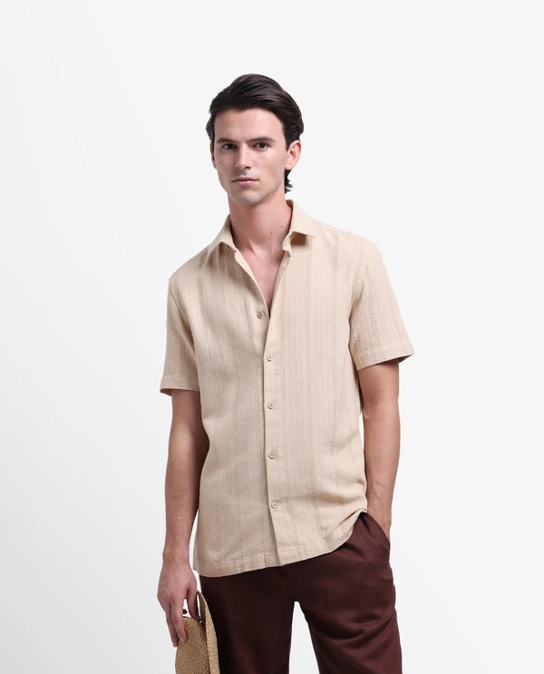 Rare Rabbit Men's Zolt Khaki Cotton Fabric Short Sleeve Collared Neck Button Closure Striped Shirt