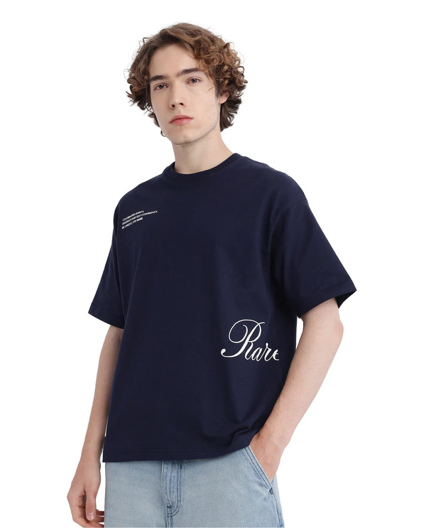 Rare Rabbit Men Zolt Navy Cotton Fabric Short Sleeve Boxy Fit Typography Print T-Shirt