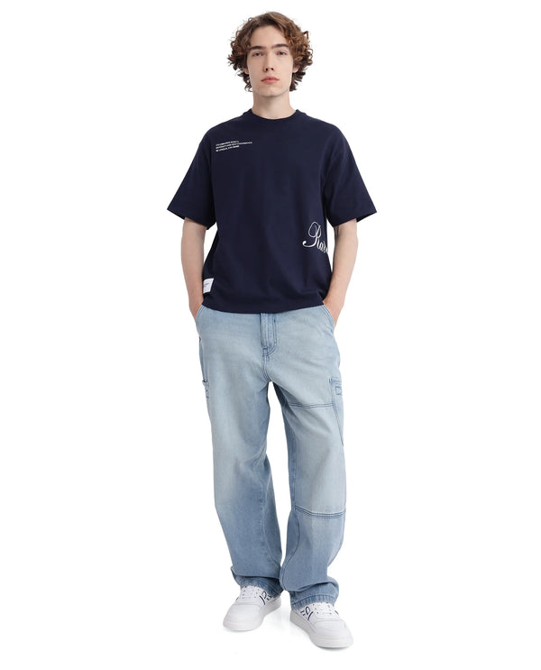 Rare Rabbit Men Zolt Navy Cotton Fabric Short Sleeve Boxy Fit Typography Print T-Shirt