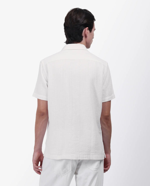 Rare Rabbit Men's Zolt White Cotton Fabric Short Sleeve Collared Neck Button Closure Striped Shirt