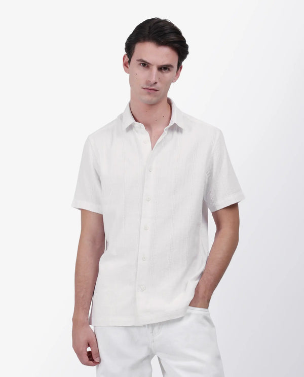 Rare Rabbit Men's Zolt White Cotton Fabric Short Sleeve Collared Neck Button Closure Striped Shirt