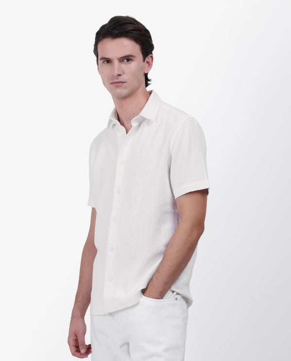 Rare Rabbit Men's Zolt White Cotton Fabric Short Sleeve Collared Neck Button Closure Striped Shirt