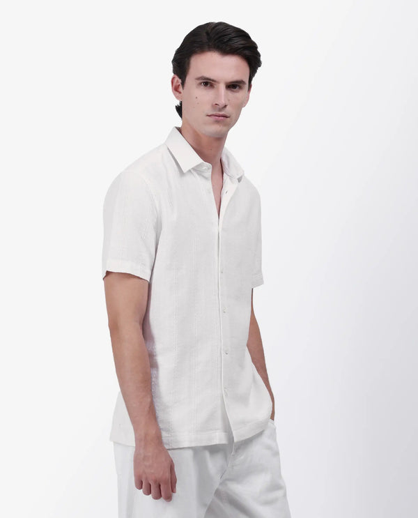 Rare Rabbit Men's Zolt White Cotton Fabric Short Sleeve Collared Neck Button Closure Striped Shirt