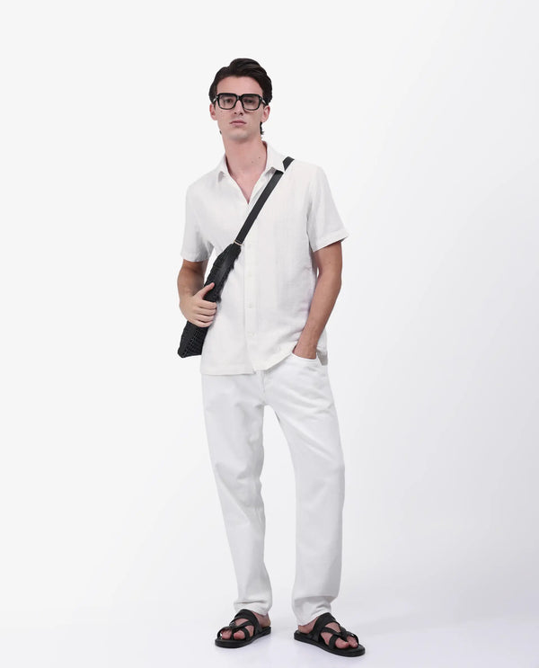 Rare Rabbit Men's Zolt White Cotton Fabric Short Sleeve Collared Neck Button Closure Striped Shirt