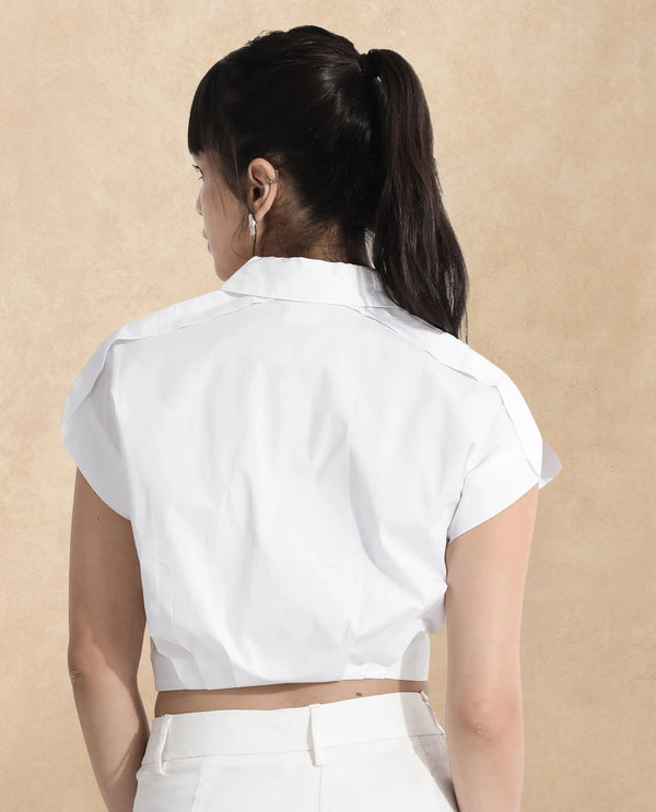 Rareism Women Zuckery White Cotton Poly Fabric Extended Sleeves Collared Neck Zipper Closure Cropped Plain Top
