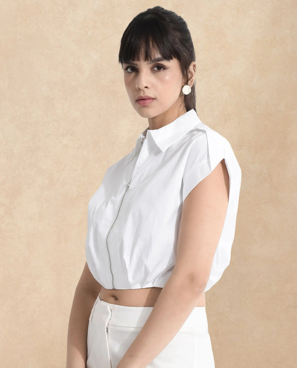 Rareism Women Zuckery White Cotton Poly Fabric Extended Sleeves Collared Neck Zipper Closure Cropped Plain Top