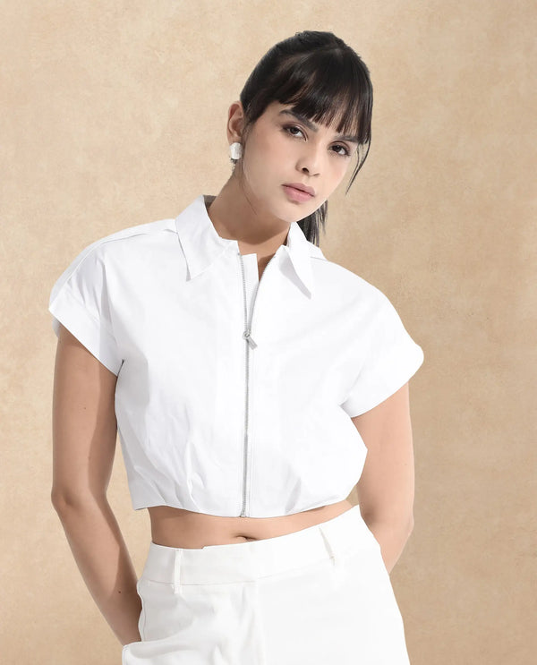 Rareism Women Zuckery White Cotton Poly Fabric Extended Sleeves Collared Neck Zipper Closure Cropped Plain Top