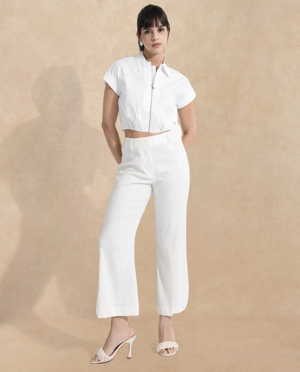 Rareism Women Zuckery White Cotton Poly Fabric Extended Sleeves Collared Neck Zipper Closure Cropped Plain Top