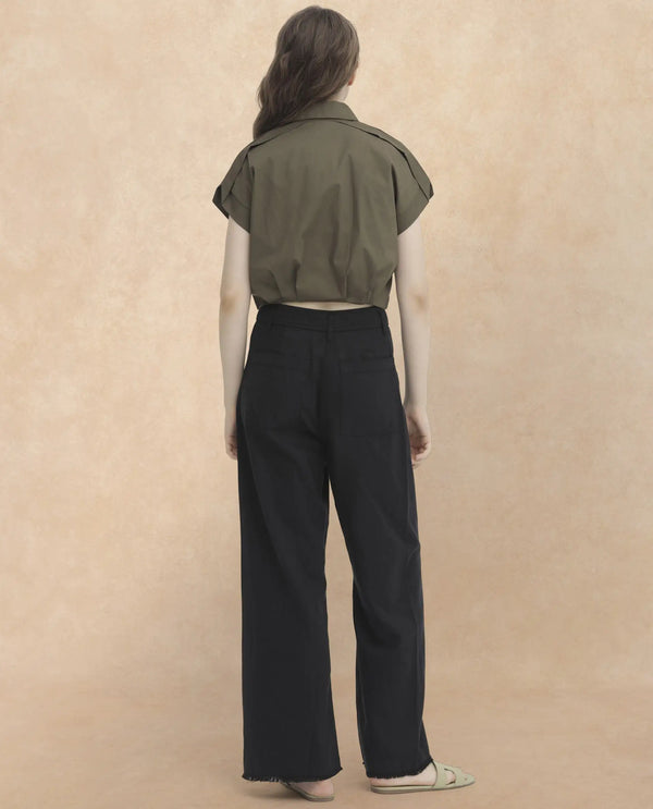 Rareism Women Zuckery Olive Cotton Polyester Fabric Short Sleeves Zip Closure Collared Neck Extended Sleeve Regular Fit Plain Cropped Top
