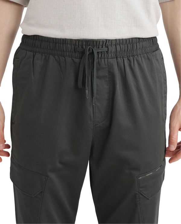 Rare Rabbit Men's Zudi Dark Grey Cotton Fabric Drawstring Closure Regular Fit Cargo Style Trouser