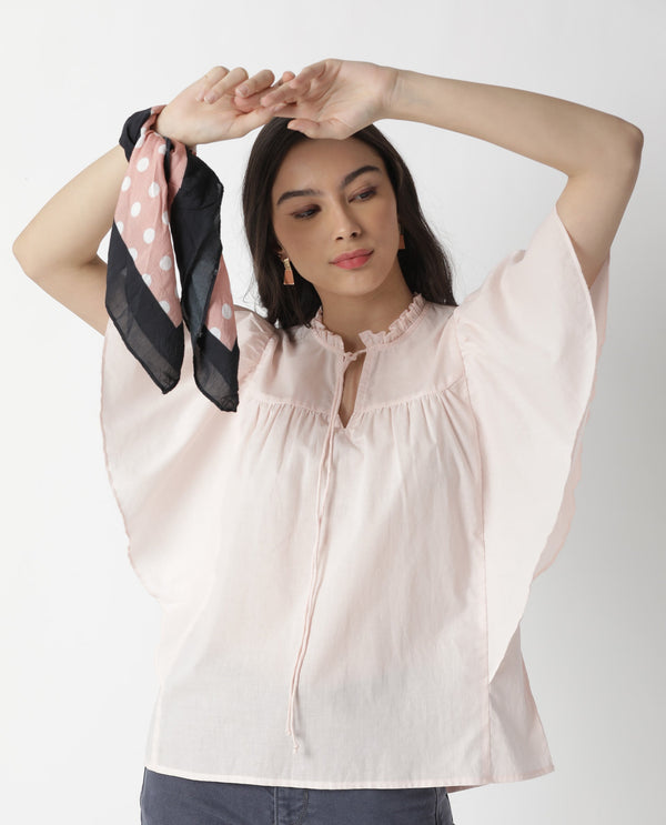 Rareism Women Zues Pink Cotton Fabric Relaxed Fit Tie-Up Neck Half Sleeves Solid Top