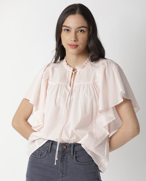 Rareism Women Zues Pink Cotton Fabric Relaxed Fit Tie-Up Neck Half Sleeves Solid Top